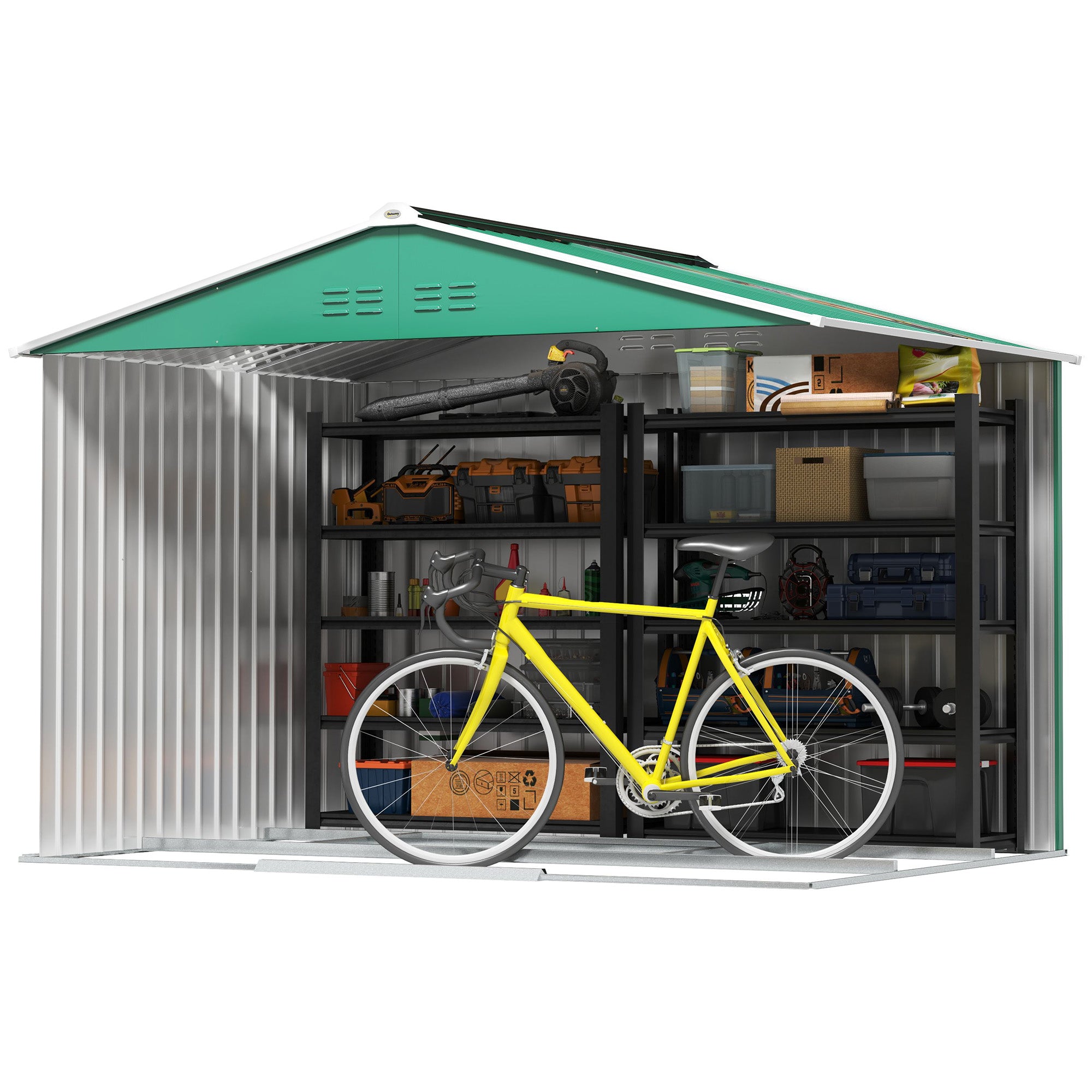 Steel Tool Shed with Sloped Roof and 2 Sliding Doors, 277x195x192 cm, Dark Green