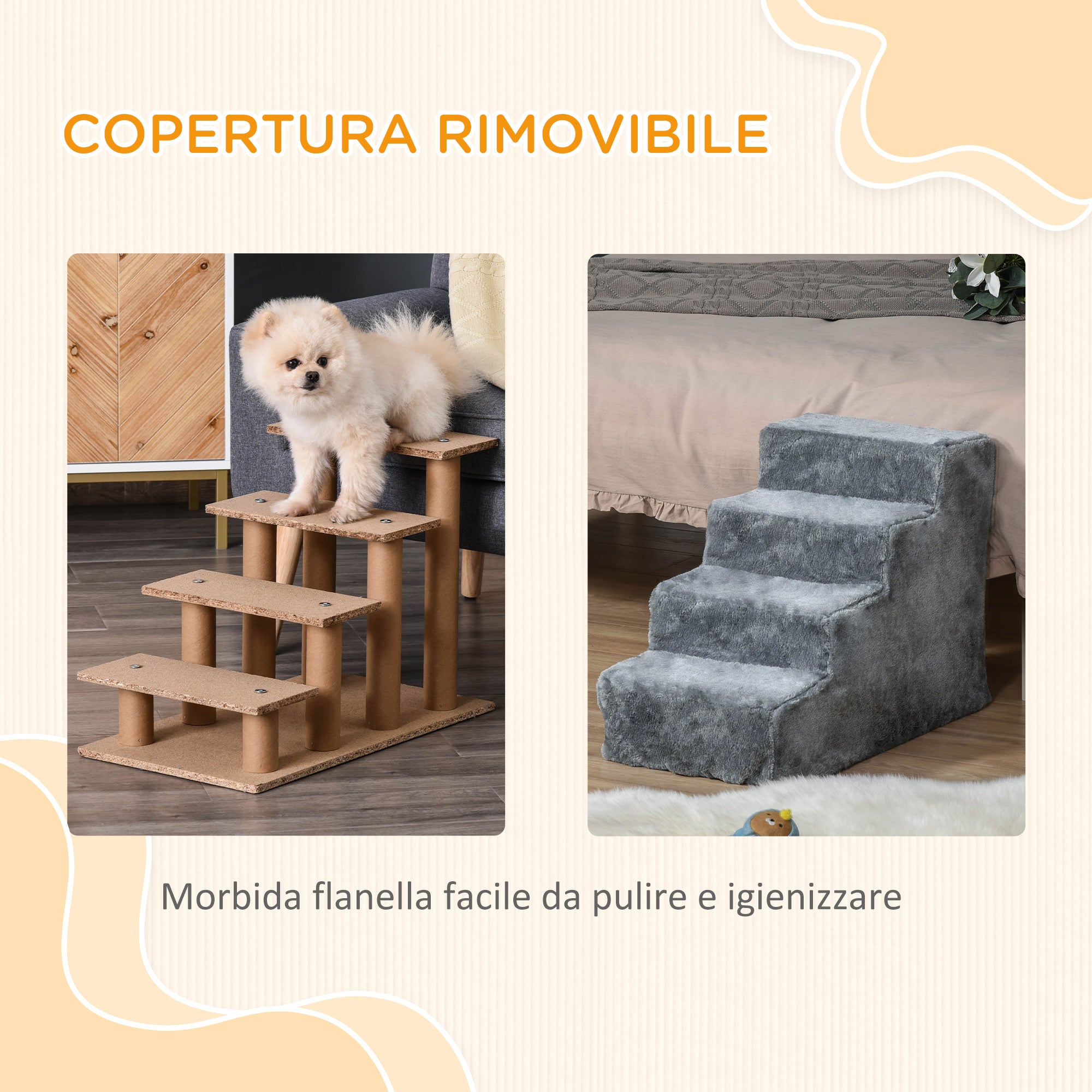 Portable 4-Step Dog Stairs, Removable Flannel and Chipboard, 60x35x44 cm, Grey