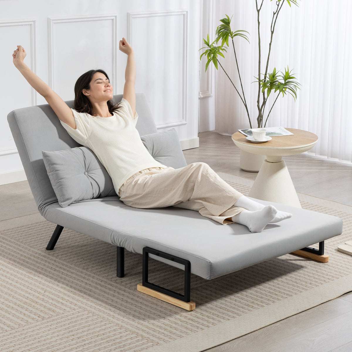 HOMCOM 3-in-1 Velvet Fabric Sofa Bed with Adjustable Backrest and 2 Cushions, 102x73x81 cm, Light Grey