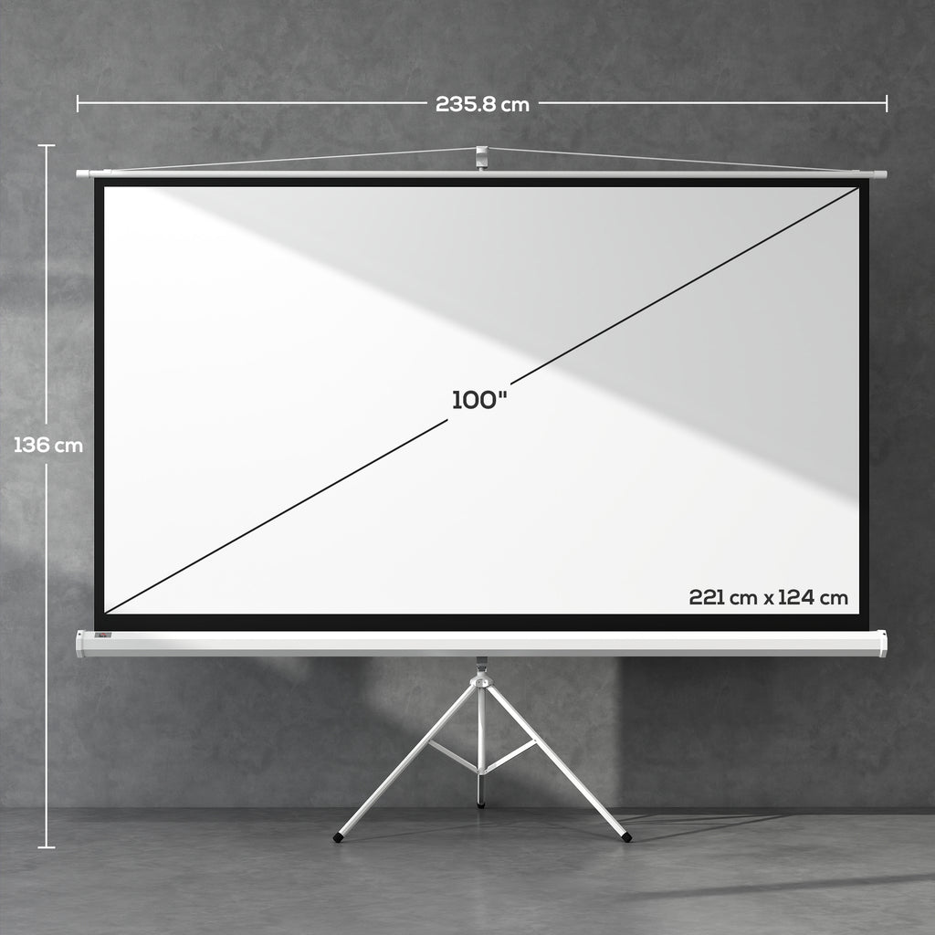 100" Foldable Projector Screen, 16:9 Format, Adjustable Tripod, 235.8 x 8 x 136 cm, White