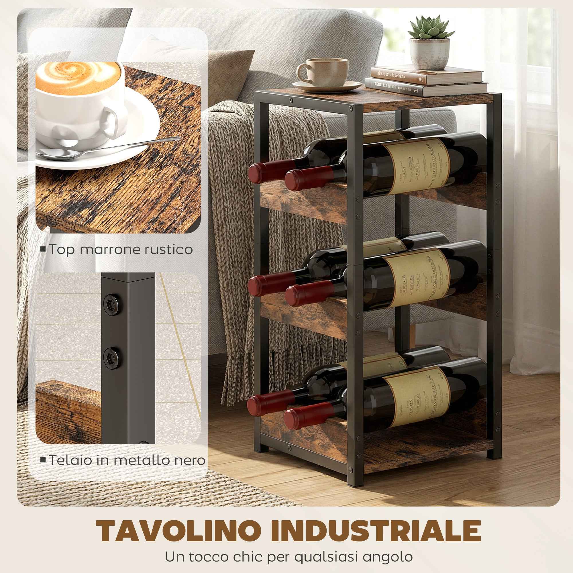 HOMCOM Wine Rack, Wavy Shelves, Adjustable Feet, Rustic Brown, Black.