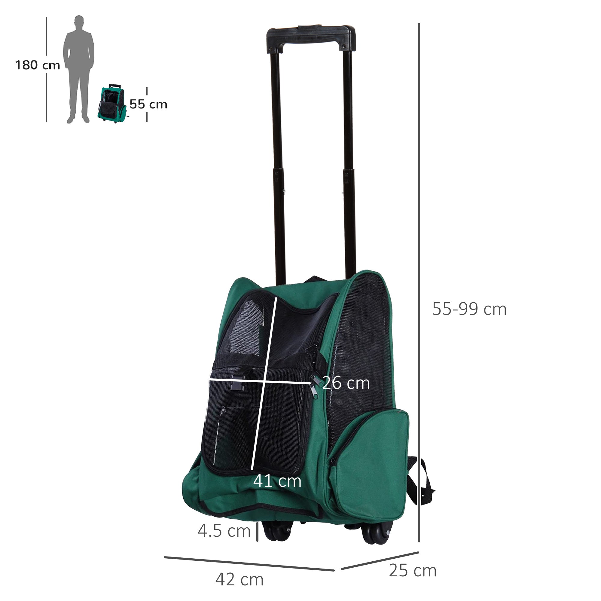 2-in-1 Pet Carrier Backpack for Dogs and Cats with Side Pockets, Telescopic Handle and Wheels, 42x25x55cm, Green