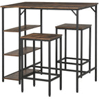 Industrial Style High Table Set with 2 Stools and Shelf in Metal and Wood, Modern Bar and Kitchen Furniture, Rustic Brown
