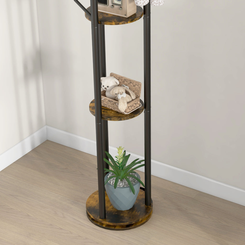 Industrial Style Rotating Floor Coat Rack with 8 Hooks and 4 Shelves, Ø30x175cm, Brown