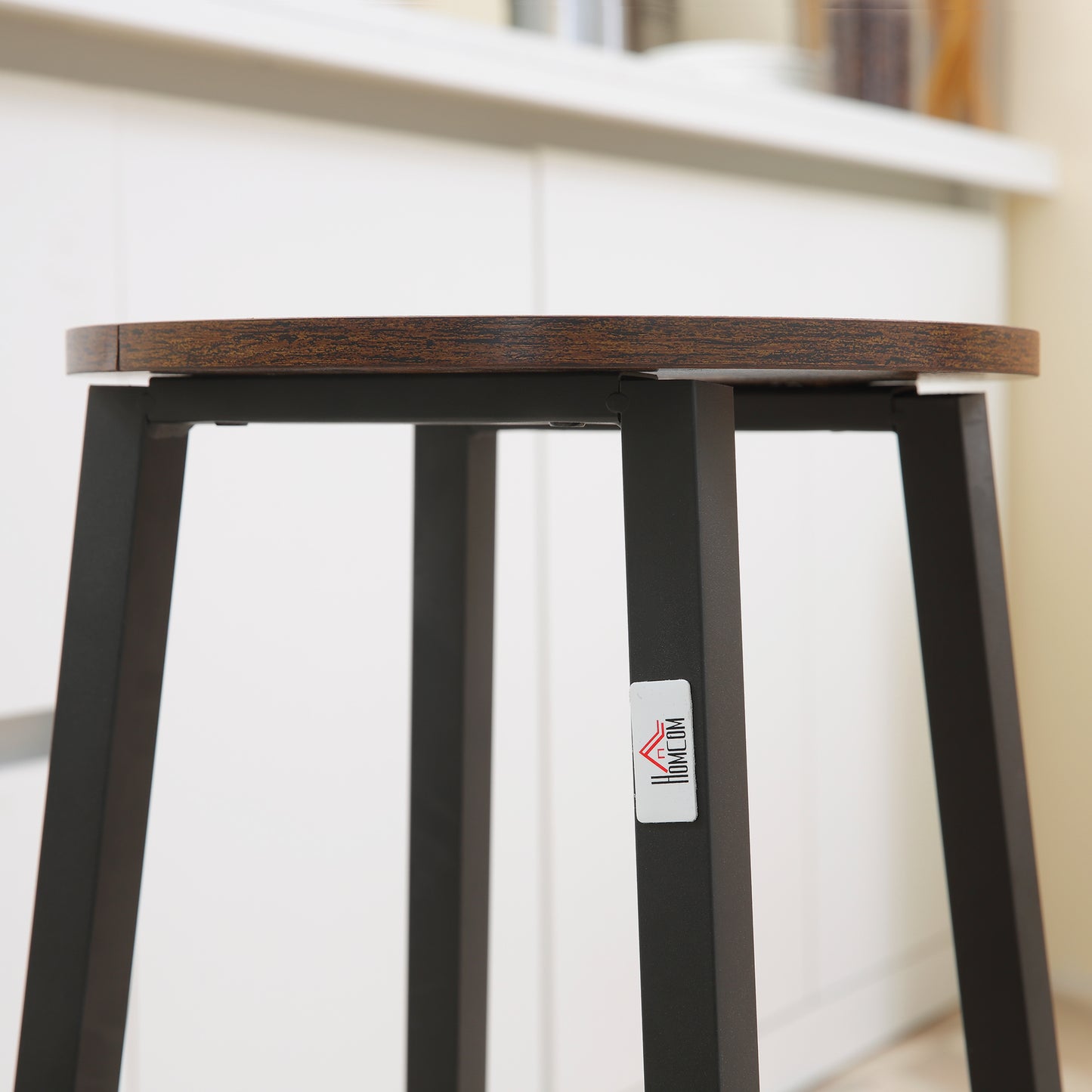 Set of 2 Kitchen Stools in Chipboard and Steel with Smooth Top and Footrest, 32.5x32.5x65 cm, Brown