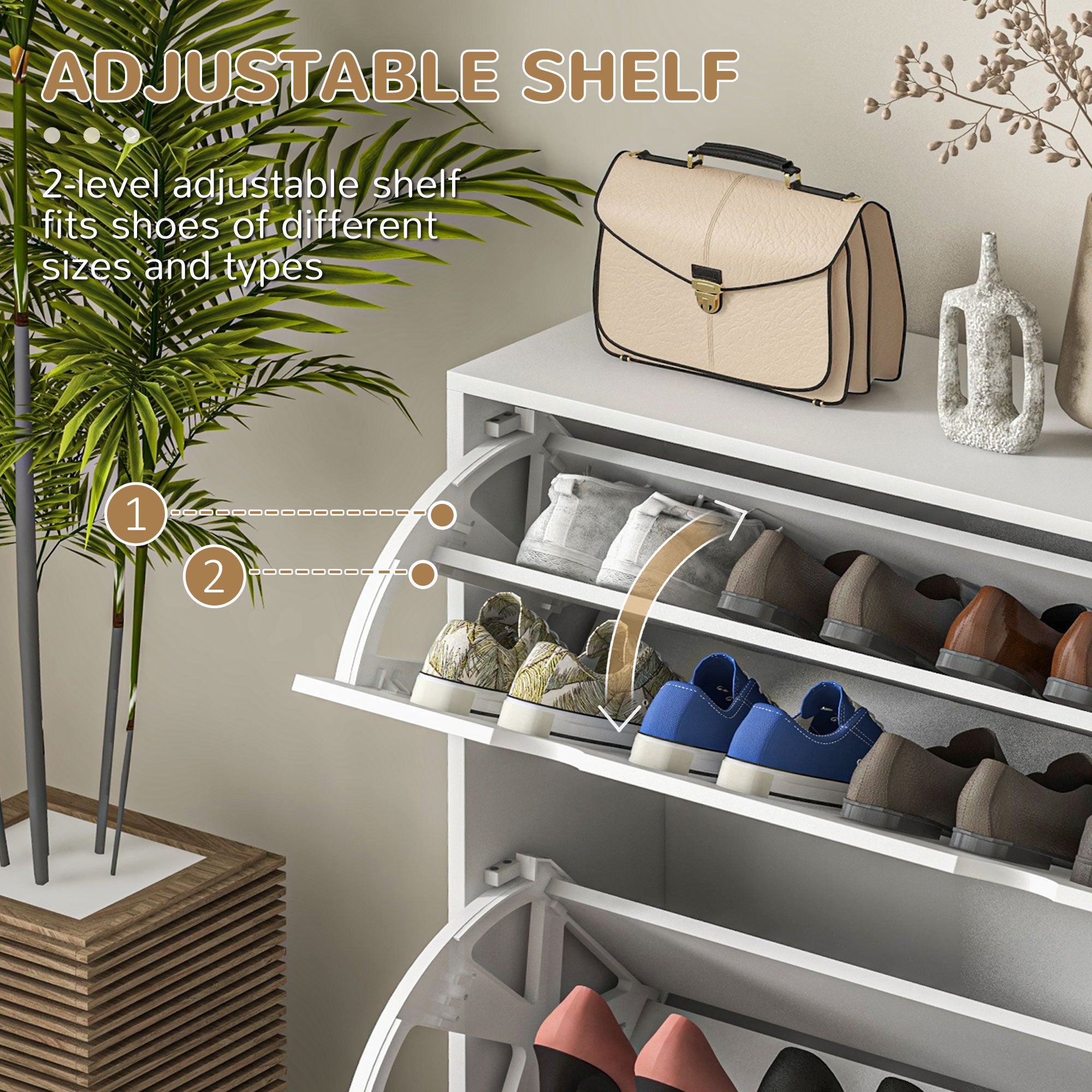 HOMCOM Mobile Space-Saving Wooden Shoe Rack for 16 Pairs of Shoes with 2 Flap Doors, 81.5x25x83cm, White - Borgè