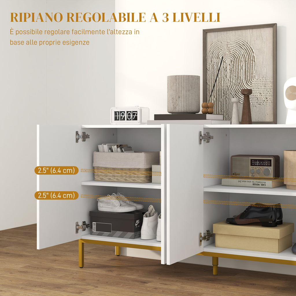 HOMCOM Modern 4-Door Sideboard with Soft Closing and Adjustable Shelves, 140x40x75cm, White and Gold - Borgè