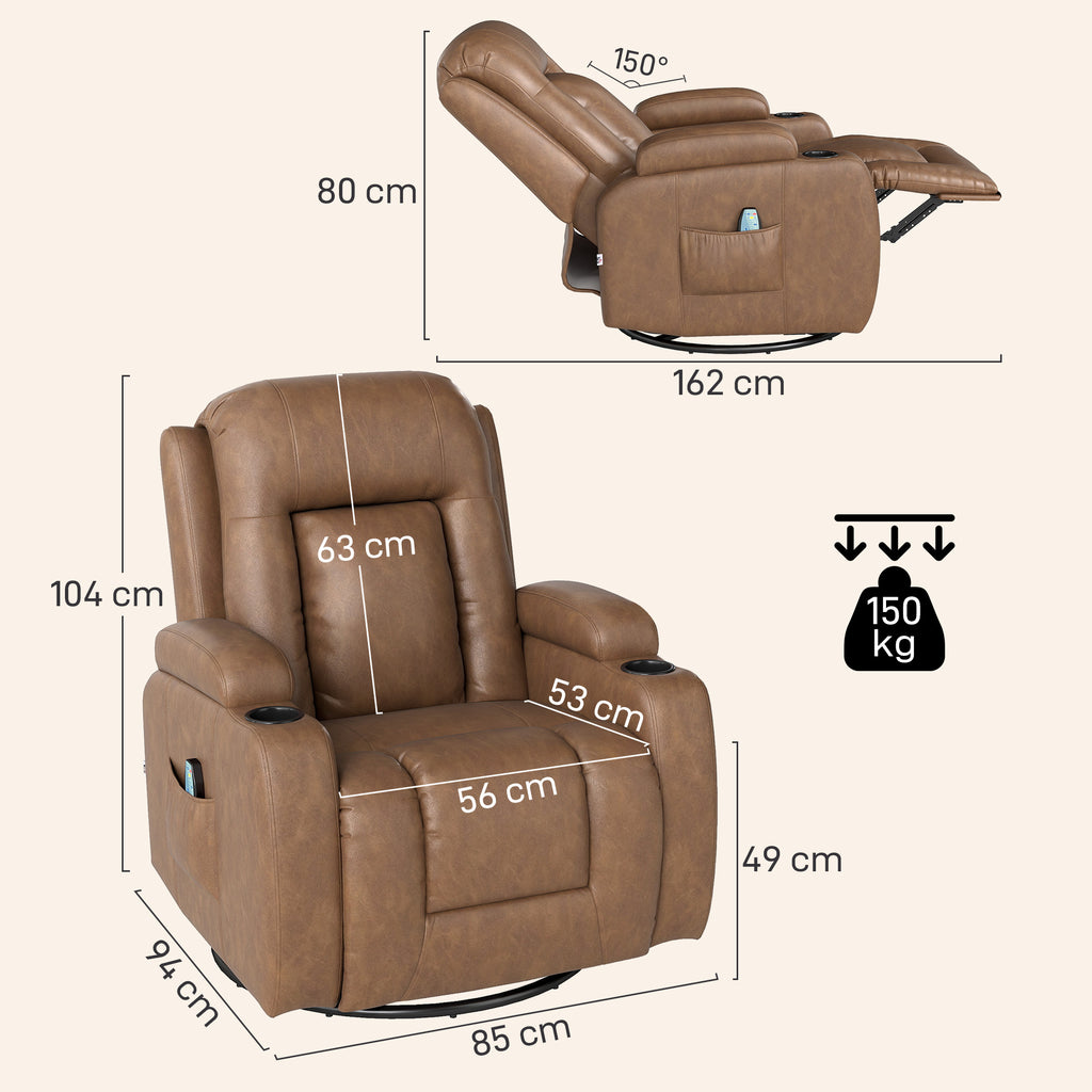 Reclining Massage Chair with Heated Faux Leather and 8 Massage Points, Brown