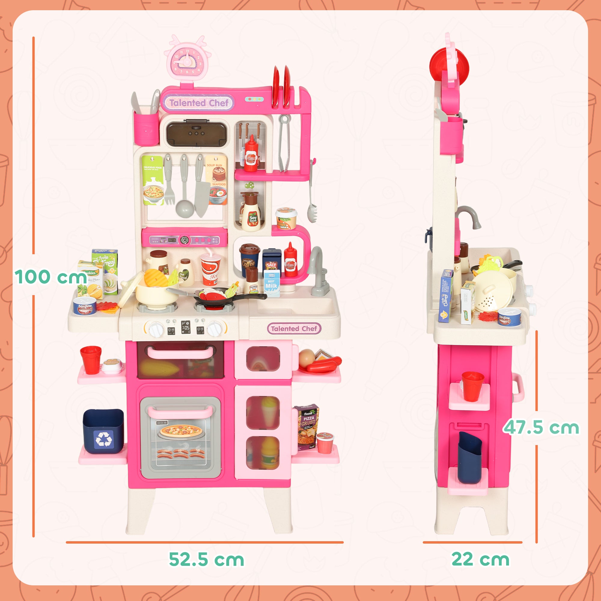 Toy Kitchen for Children 3-6 Years Old with 104 Accessories, Made of PP, PE and ABS, 52.5x22x100 cm, Pink