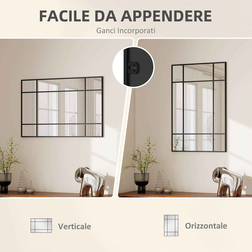 HOMCOM Window Style Wall Mirror with Vertical and Horizontal Mounting, 90x60 cm, Black