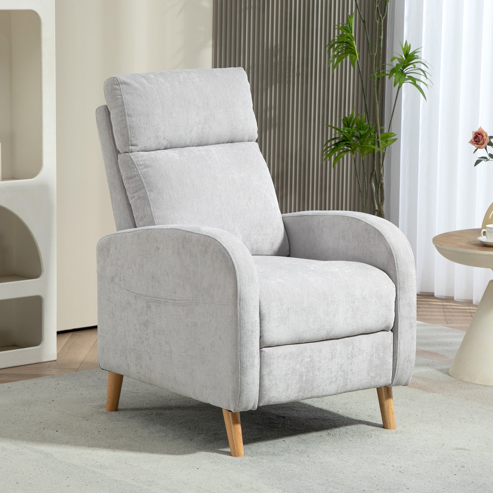 Reclining Armchair 150° max with Footrest, in Linen Effect Fabric, 68x90x106 cm, Light Gray