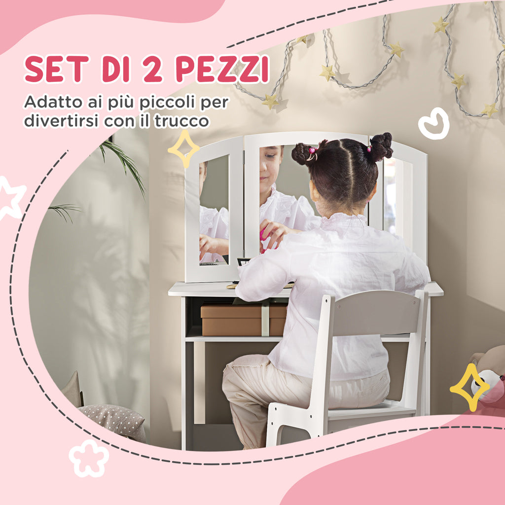 Kids Makeup Set with Removable Triple Mirror Dressing Table and White Wooden Chair