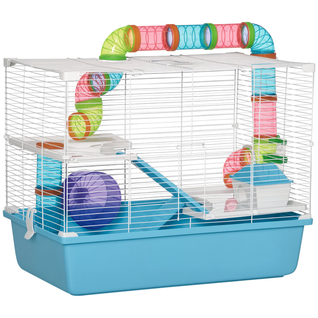 3-Tier Hamster Cage with Tubes, House, Water Tank and Wheel, 59x36x47 cm