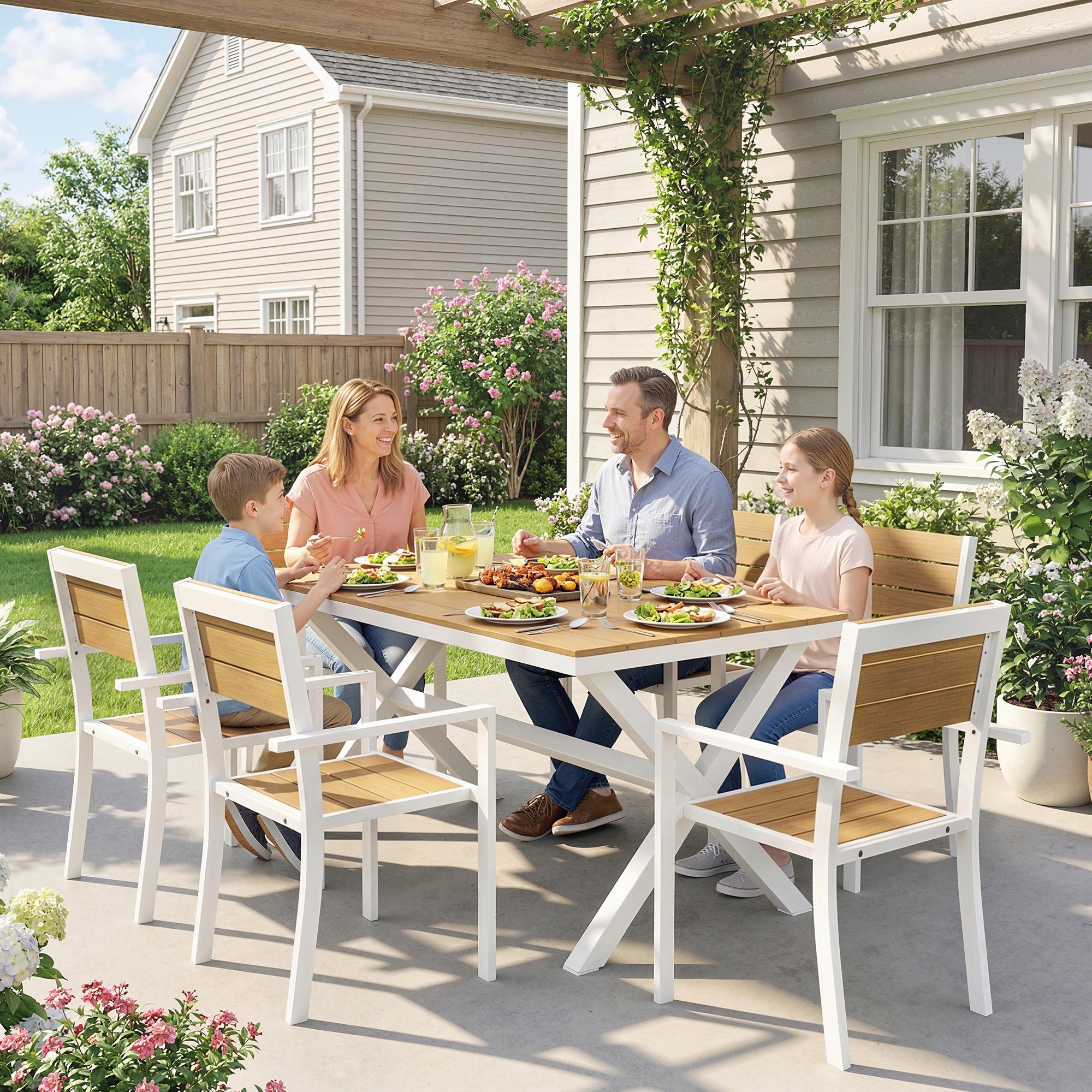 Outsunny 7-Piece Outdoor Dining Set, Stackable Table and Chairs, Aluminum Frame, Teak