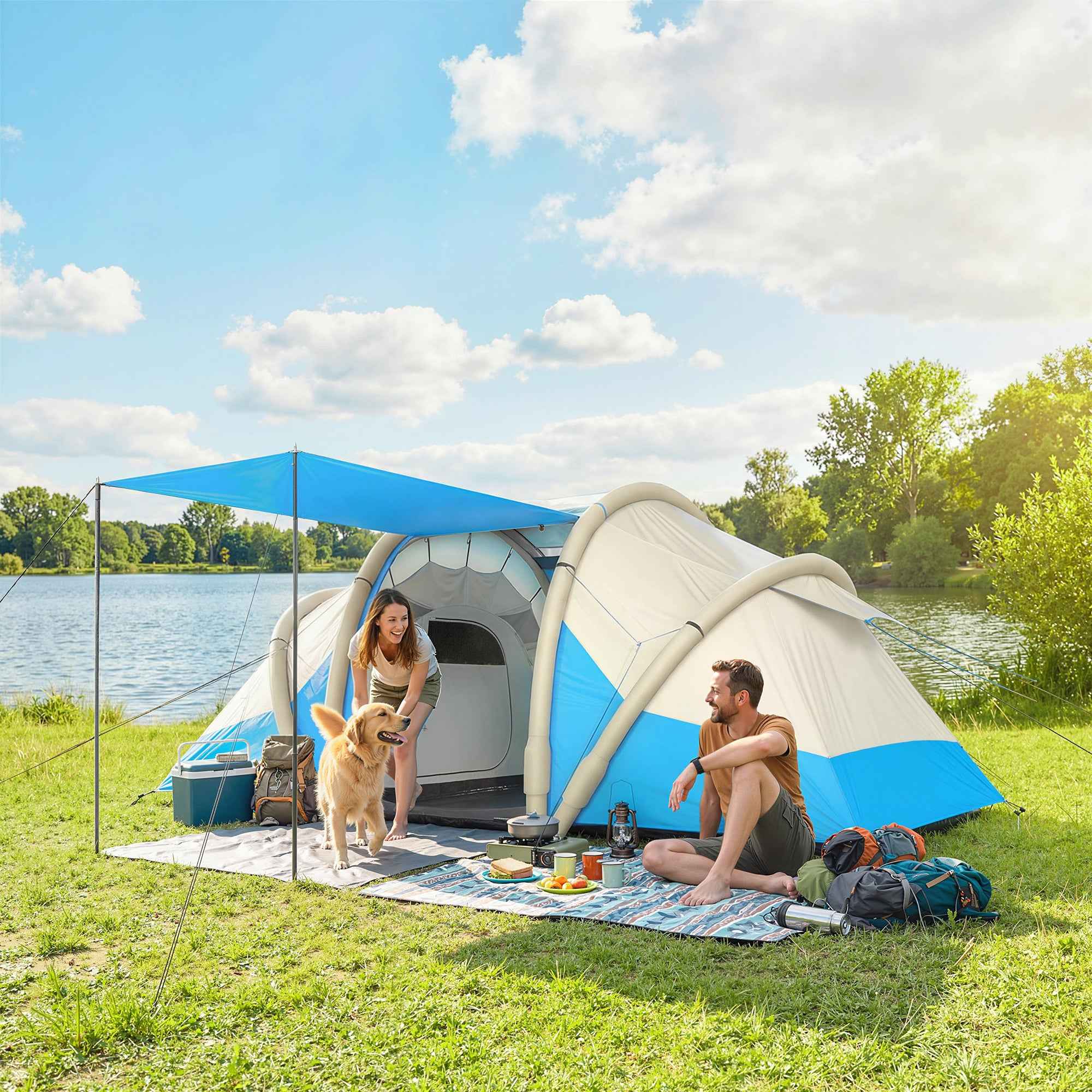 Outsunny Inflatable Tent, Easy to Set Up, 4 Person, 2 Bedroom, Blue