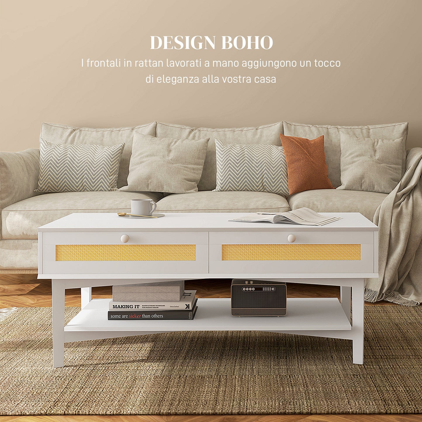 HOMCOM Boho Coffee Table with 2 Drawers and Shelf, in Rattan and Chipboard, 120x50x50 cm, White and Wood Color