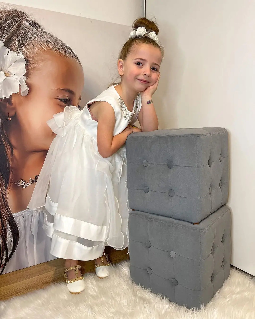 3 Piece Storage Bench Set with 2 Velvet Ottoman Stools, Pearl Grey