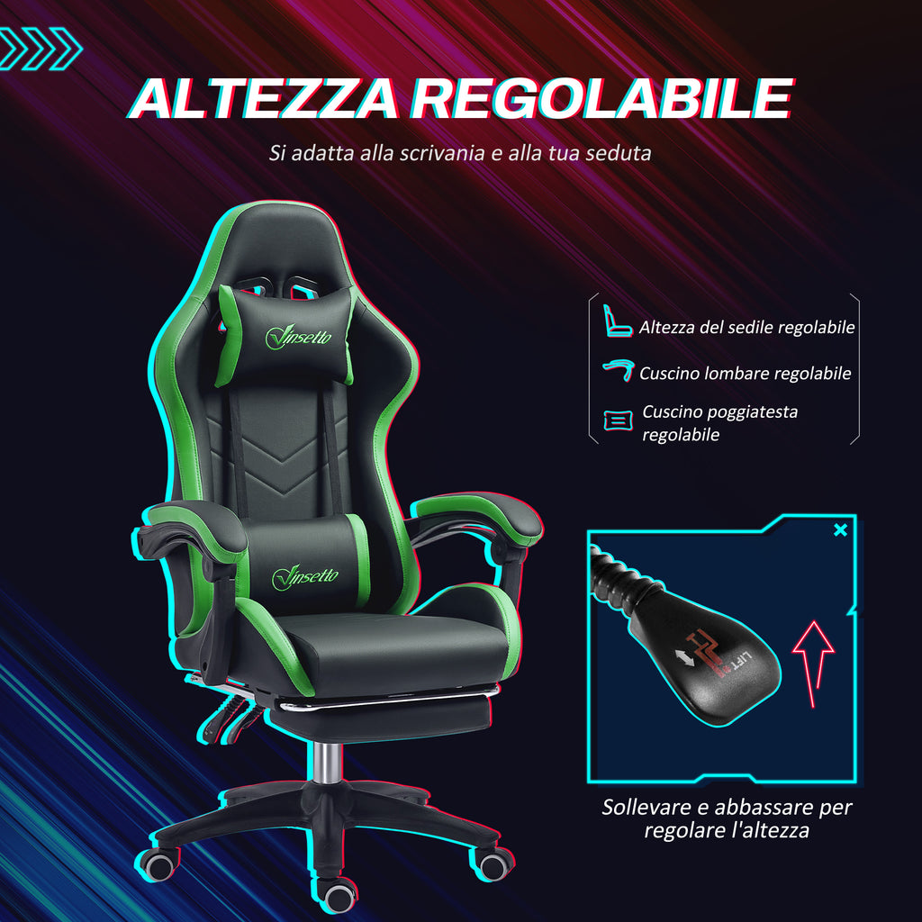 Gaming Chair with Adjustable Height and Reclining Backrest, 65x65x121-129 cm, Black and Green