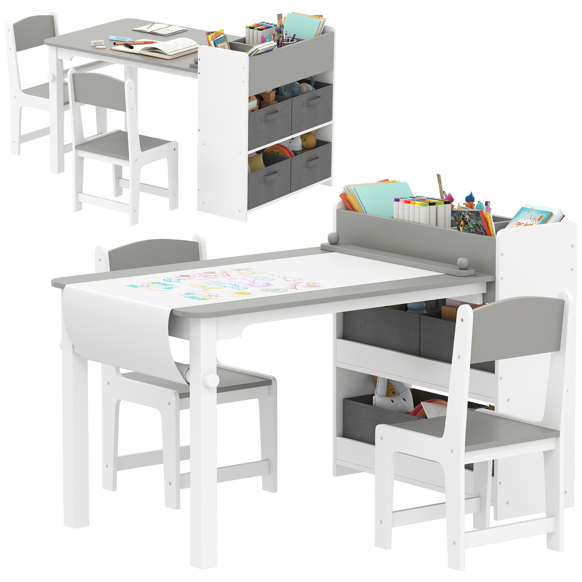 Children's Table and Chair Set with 2 Chairs and Storage Table, Made of Wood and Non-Woven Fabric, Grey and White