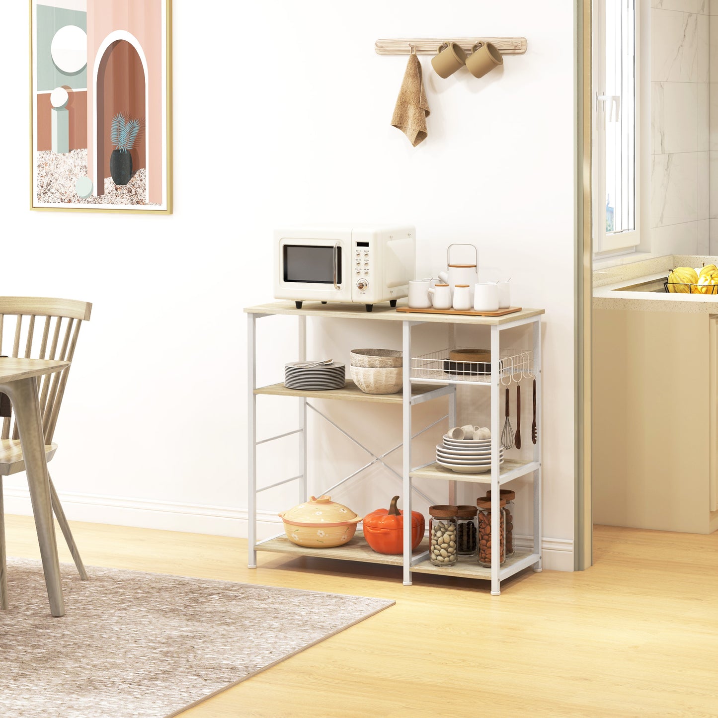 Modern Kitchen Cabinet with 4 Shelves with Basket and Hooks in Wood and Steel, 90x40x84.5cm, Oak and White - Borgè