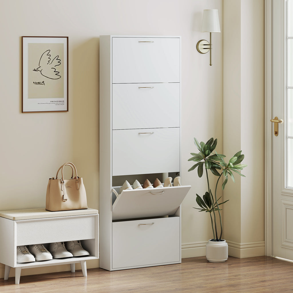 HOMCOM 5-Door Anti-Tip Wooden Shoe Rack, 65x17x180.5 cm, White