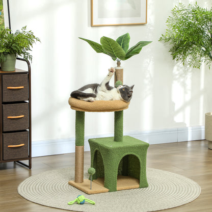 Cat Scratching Tree with House, Bed and 2 Balls, Made of Wood and Polyester, 44x30x98 cm, Green and Brown