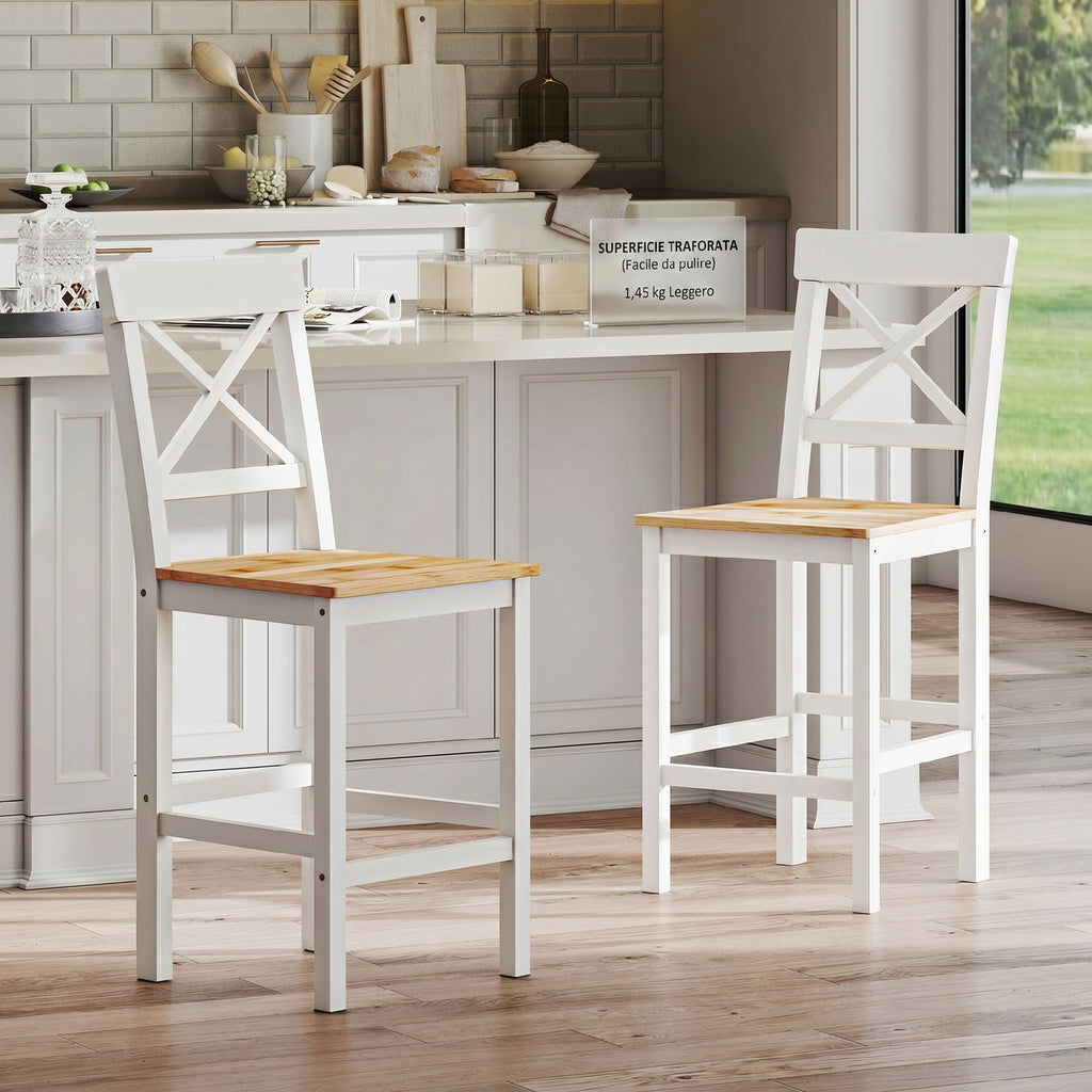 Set of 2 Bar Stools, High Back Kitchen Stools with Footrest, Pine Wood, Natural and White