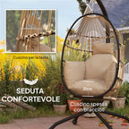 Hanging Egg Chair with Adjustable Hook, 2 Cushions and Folding Basket, 120x88x192 cm, Khaki