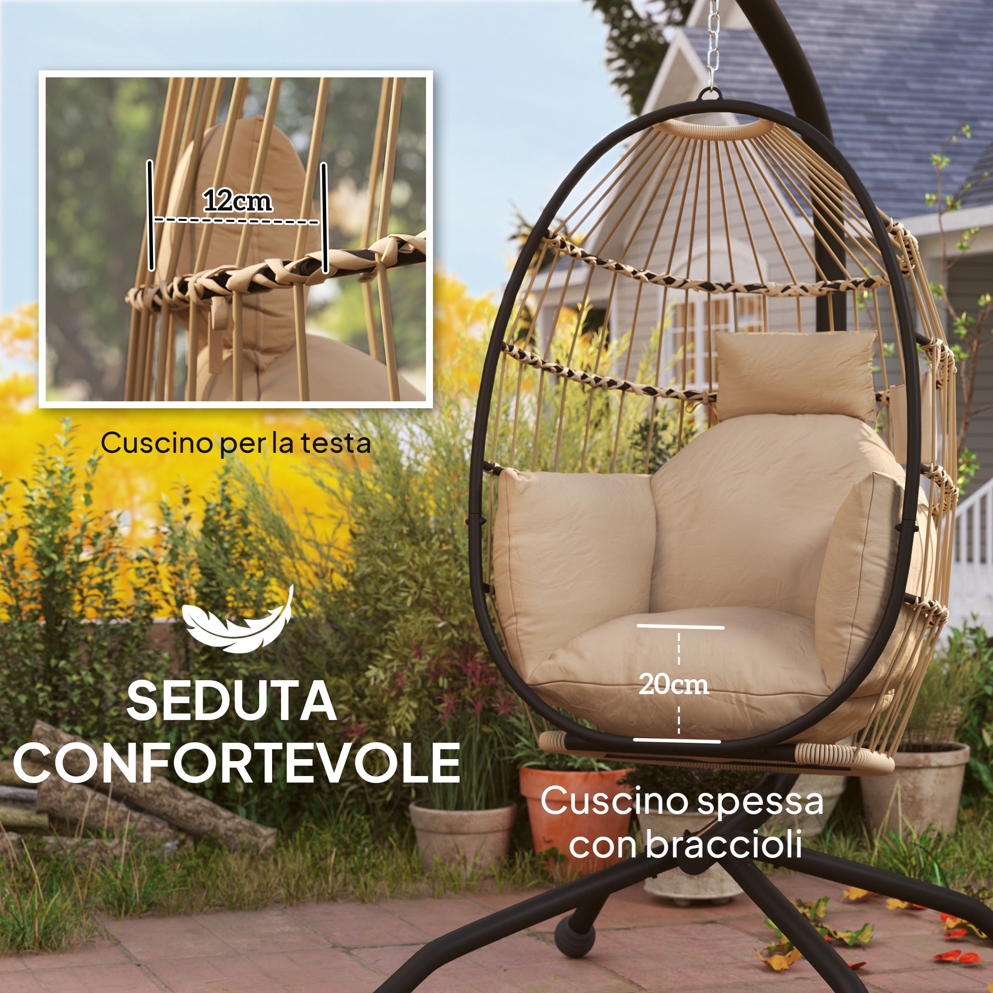 Hanging Egg Chair with Adjustable Hook, 2 Cushions and Folding Basket, 120x88x192 cm, Khaki