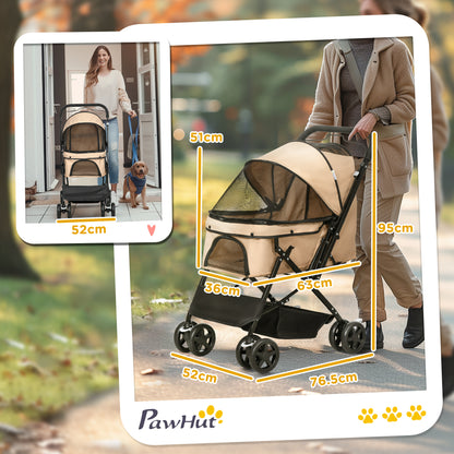 PawHut Foldable Stroller for Small Dogs with Swivel Handle, Wheels with Brakes and Basket, Brown