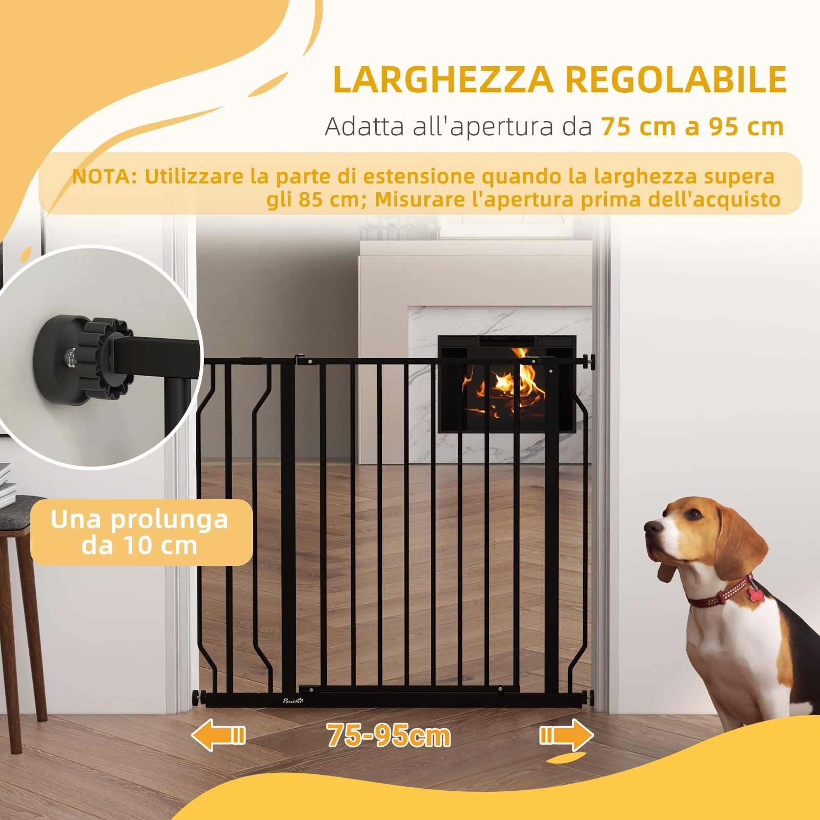Extendable Dog Safety Gate 75-95 cm in Steel and ABS, 75-95x76 cm, Black