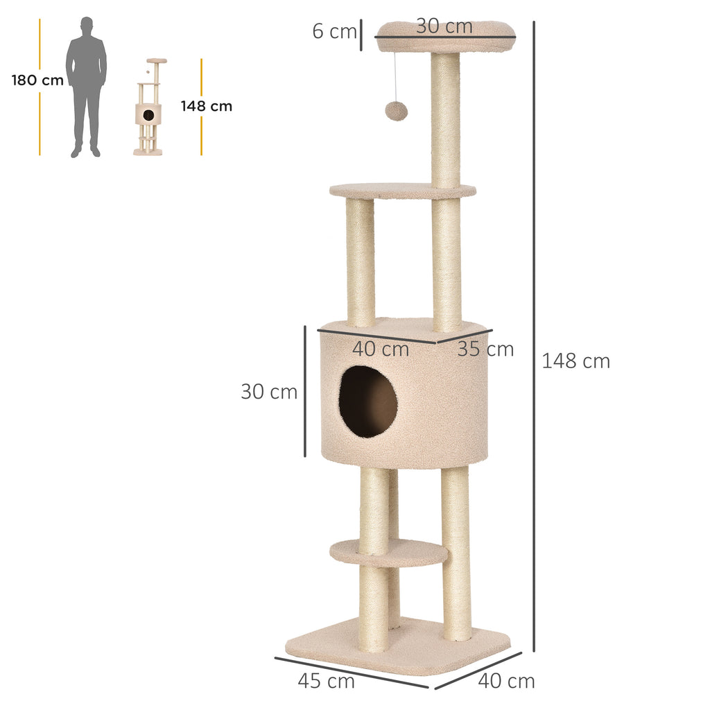 PawHut Sturdy Scratching Post for Cats with 5 Levels, Kennel, House, Games and Sisal Rope, Beige, Max 30kg - Borgè