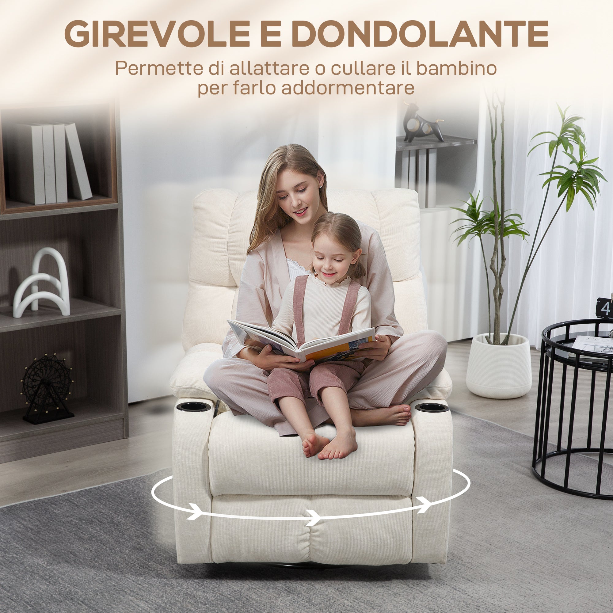 135° Reclining Chair with Cup Holder and Footrest, Linen Effect Fabric, 88x96x108 cm, Beige