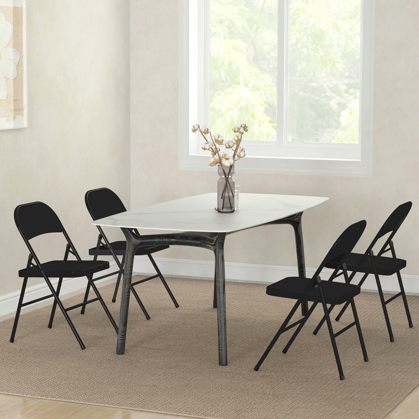 Set of 4 Folding Chairs with Padded Polyester Seat and Steel Frame, Black