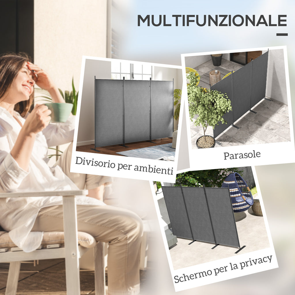 Outdoor Screen with 3 Folding and Adjustable Panels, in Polyester and Metal, 252x44x176 cm, Charcoal Gray