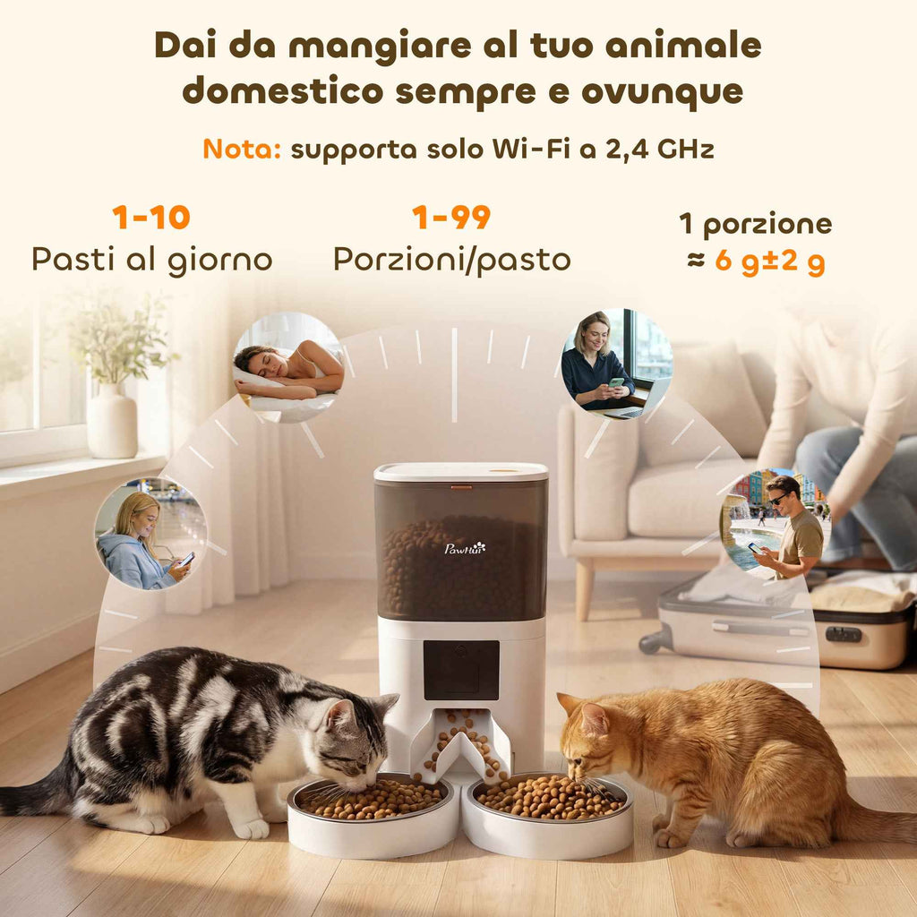 PawHut 6L Automatic Cat Food Dispenser, WiFi 2.4G, App Control with Timer, 1-10 Meals per Day, 10s Recorder, 2 Stainless Steel Bowls