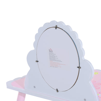 Children's Dressing Table with Wooden Stool, Make-Up Table with Modern Mirror and Drawer, 59W x 39D x 77H cm, Pink