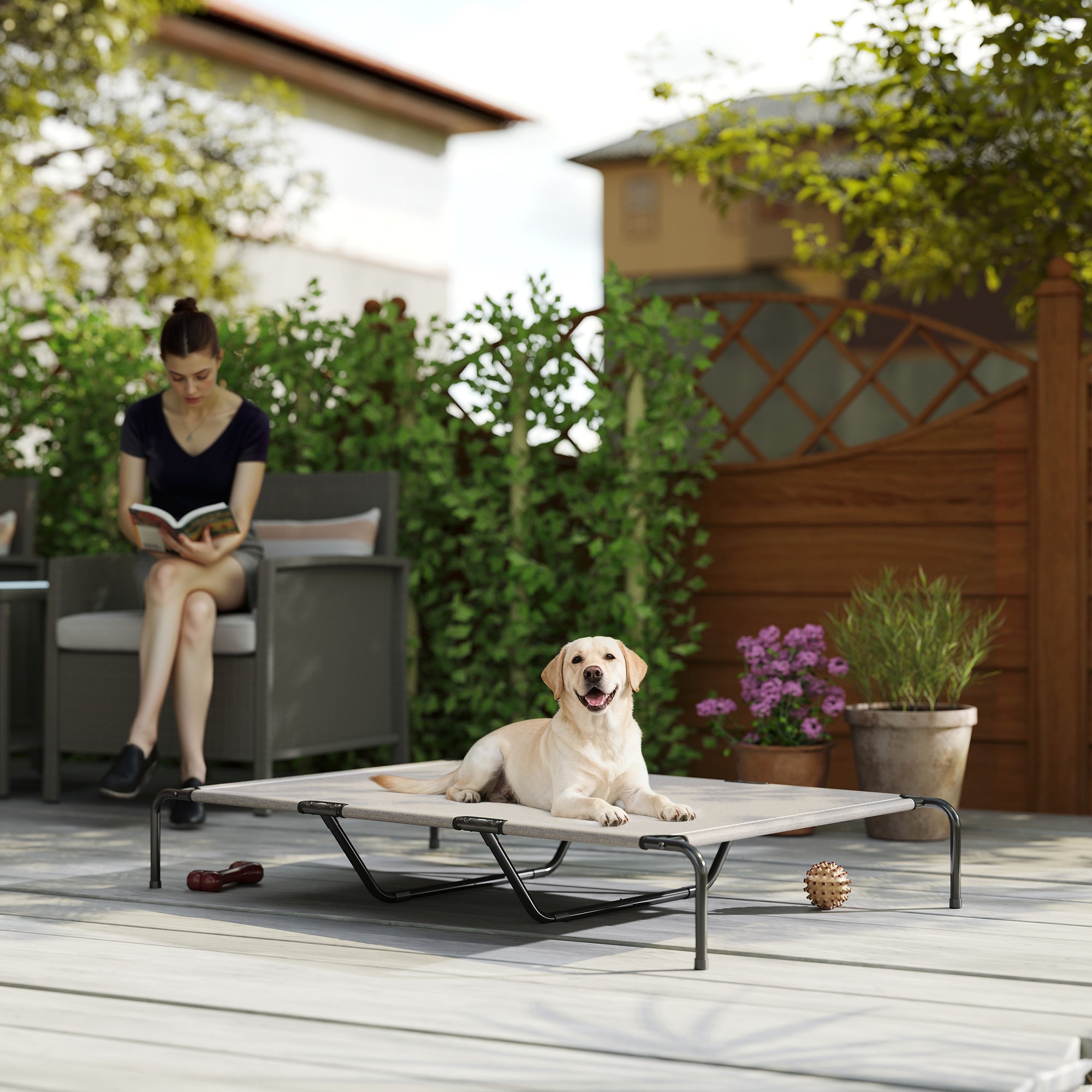PawHut Raised Outdoor Dog Bed for Large Dogs, Made of Steel and Breathable Mesh, 152 x 94 x 23 cm, Beige