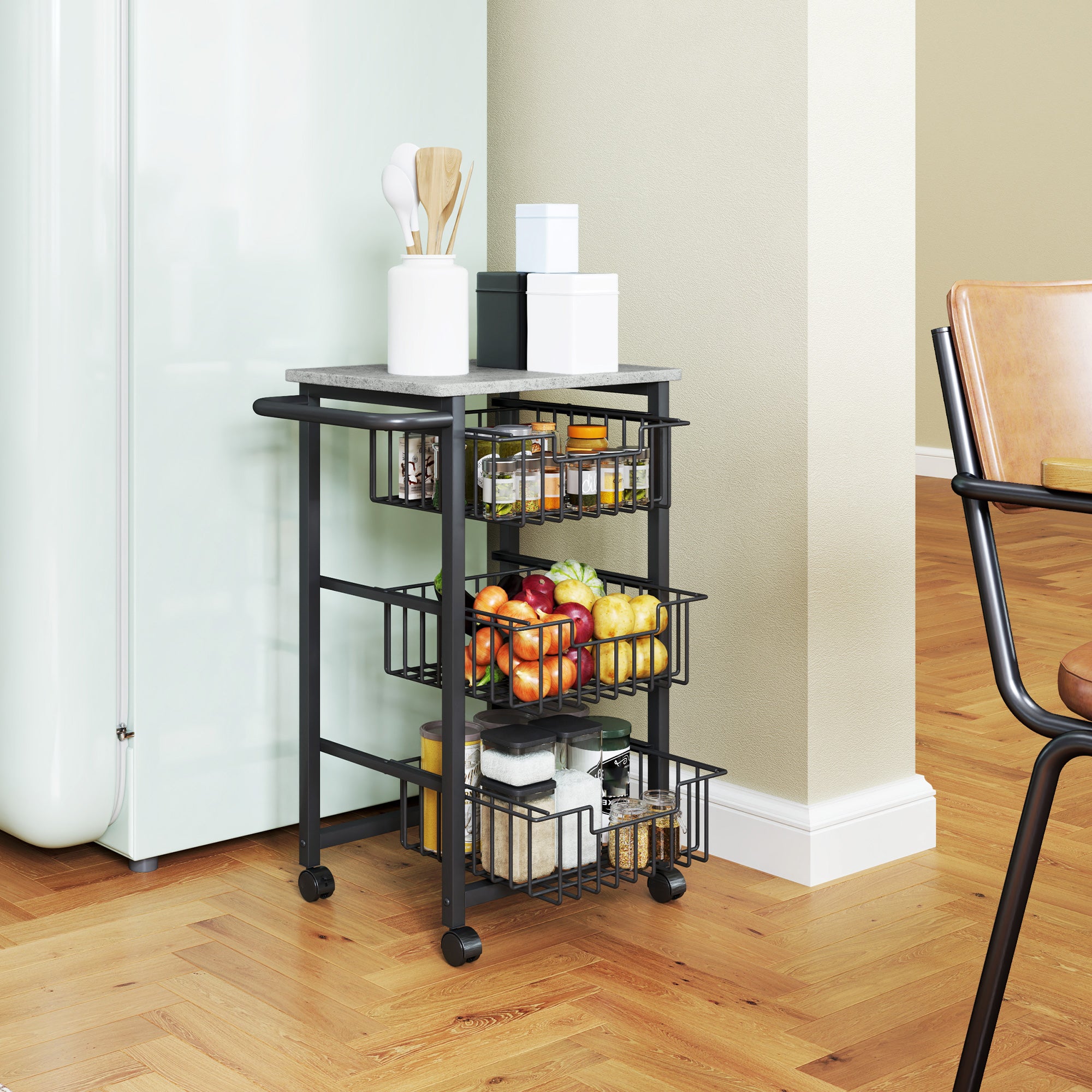 3-Basket Kitchen Trolley with Handle, Steel and Wood, 49.5x31x69 cm, Black and Light Grey