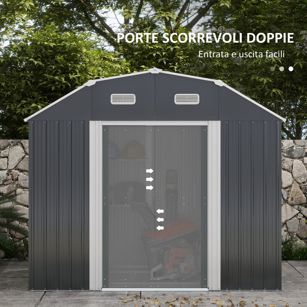 Outsunny Tool Shed with Adjustable Shelves and 2 Windows, in Galvanized Steel, 238x132x198.5 cm, Dark Gray - Borgè