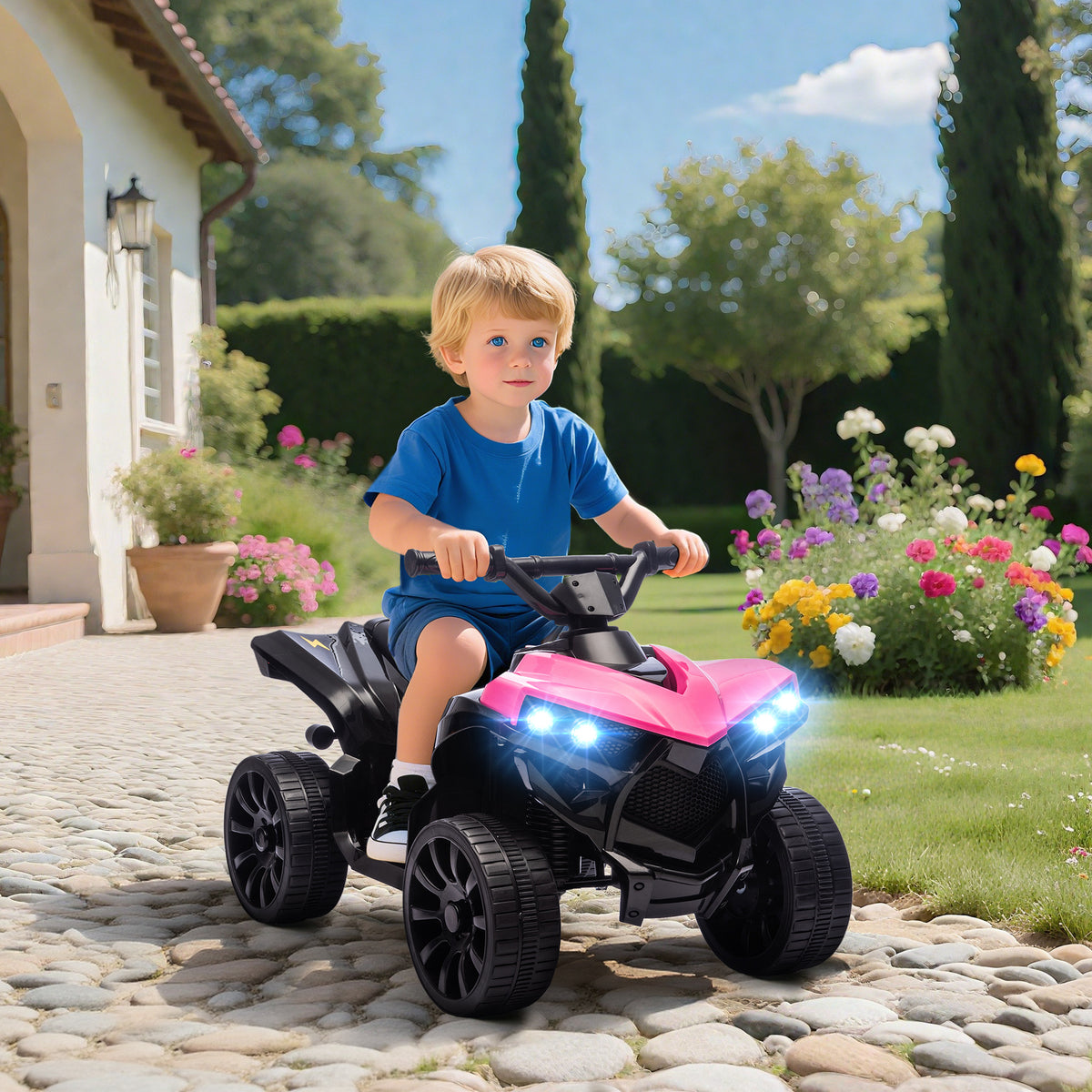 AIYAPLAY Kids Electric Quad Bike ATV with 6V Rechargeable Battery, LED Headlights and Music, Ages 18-56 Months, Pink