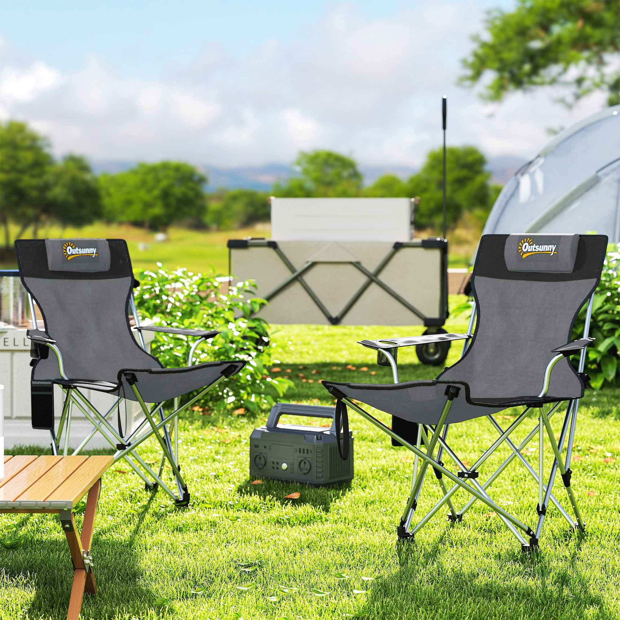 Outsunny Set of 2 Folding Camping Chairs with Footrest and Cup Holder, 82x50/100x88 cm, Grey