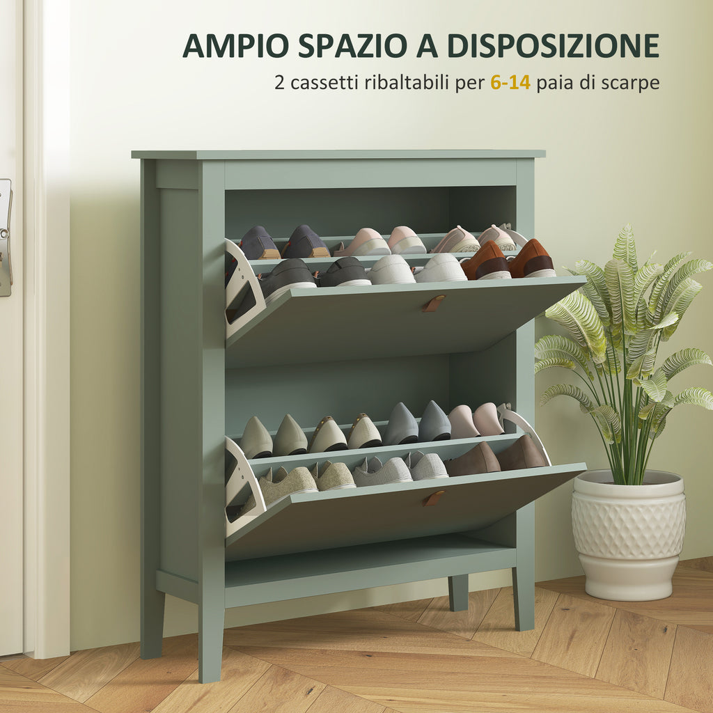 Slim Shoe Rack 2 Drawers for 14 Pairs of Shoes Size EU44 and Adjustable Shelves, 80x24x95.5cm, Green