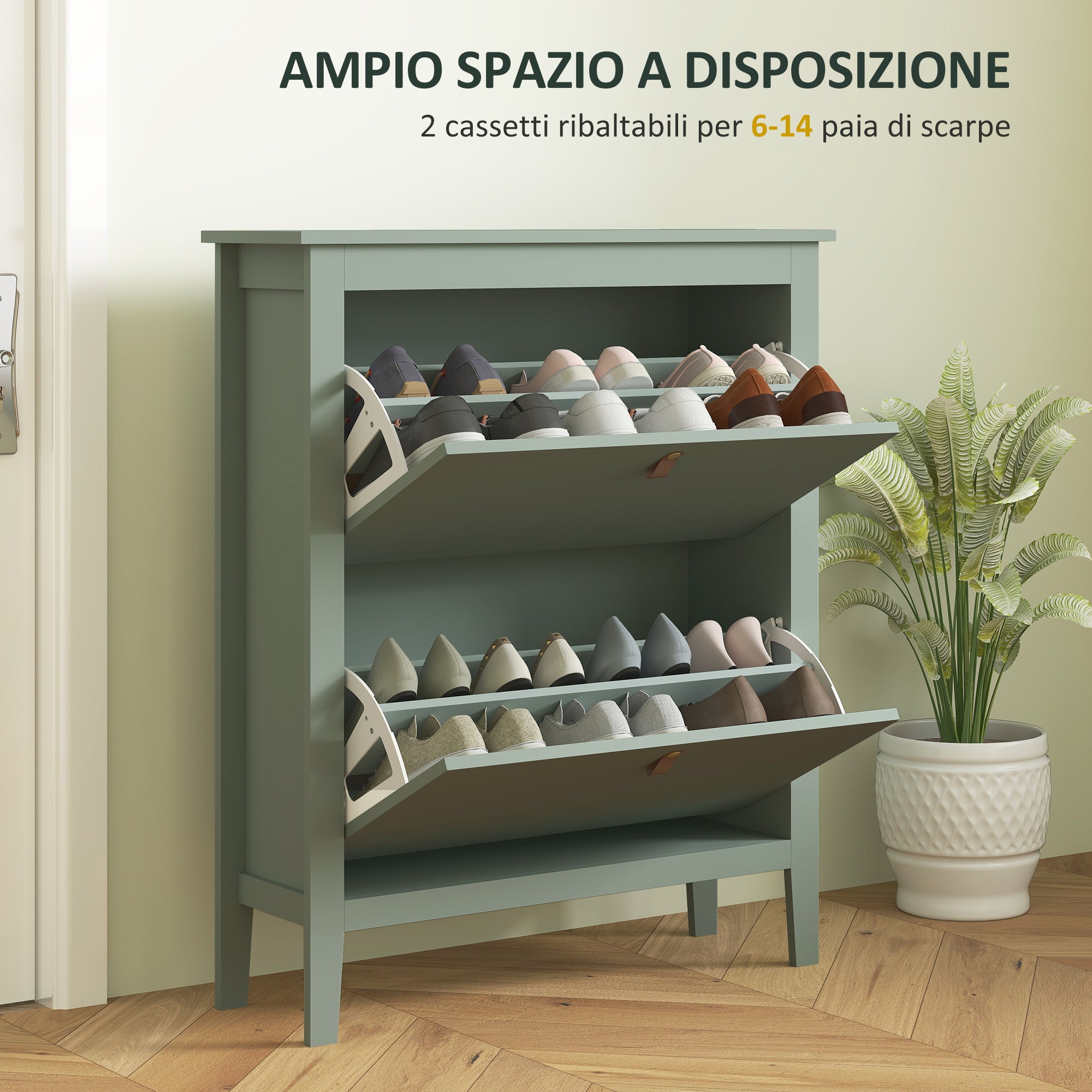Slim Shoe Rack 2 Drawers for 14 Pairs of Shoes Size EU44 and Adjustable Shelves, 80x24x95.5cm, Green