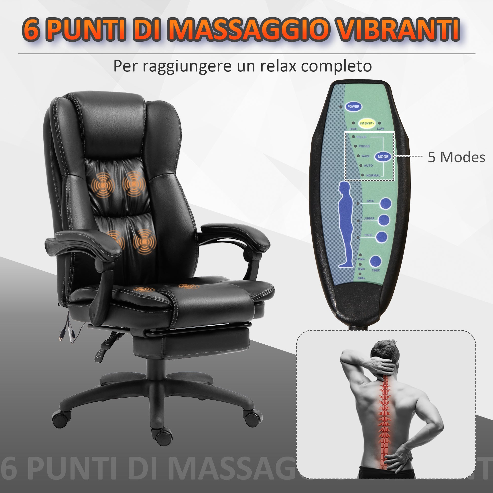 Vinsetto Height Adjustable Office Chair with 6 Massage Points, in Faux Leather, 68.5x68.5x113-121 cm, Black - Borgè
