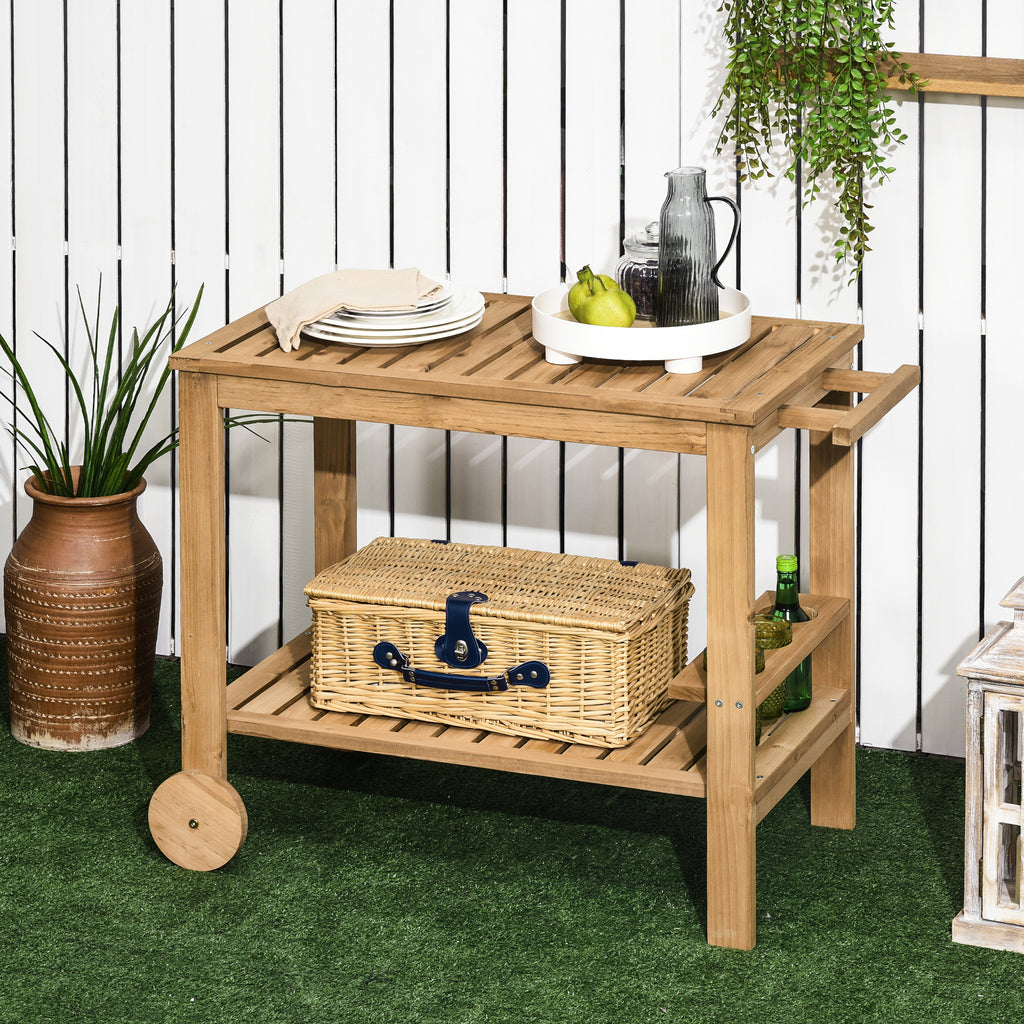 Outsunny Wooden Garden Food Cart with 2 Shelves and Bottle Holder, 95x47x74 cm, Wood Color