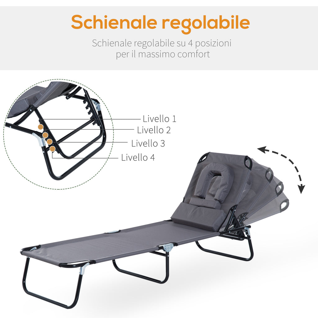 Outsunny Folding Outdoor Lounger with Face Hole and Cushions, Garden Sun Lounger, Beach and Camping, Grey