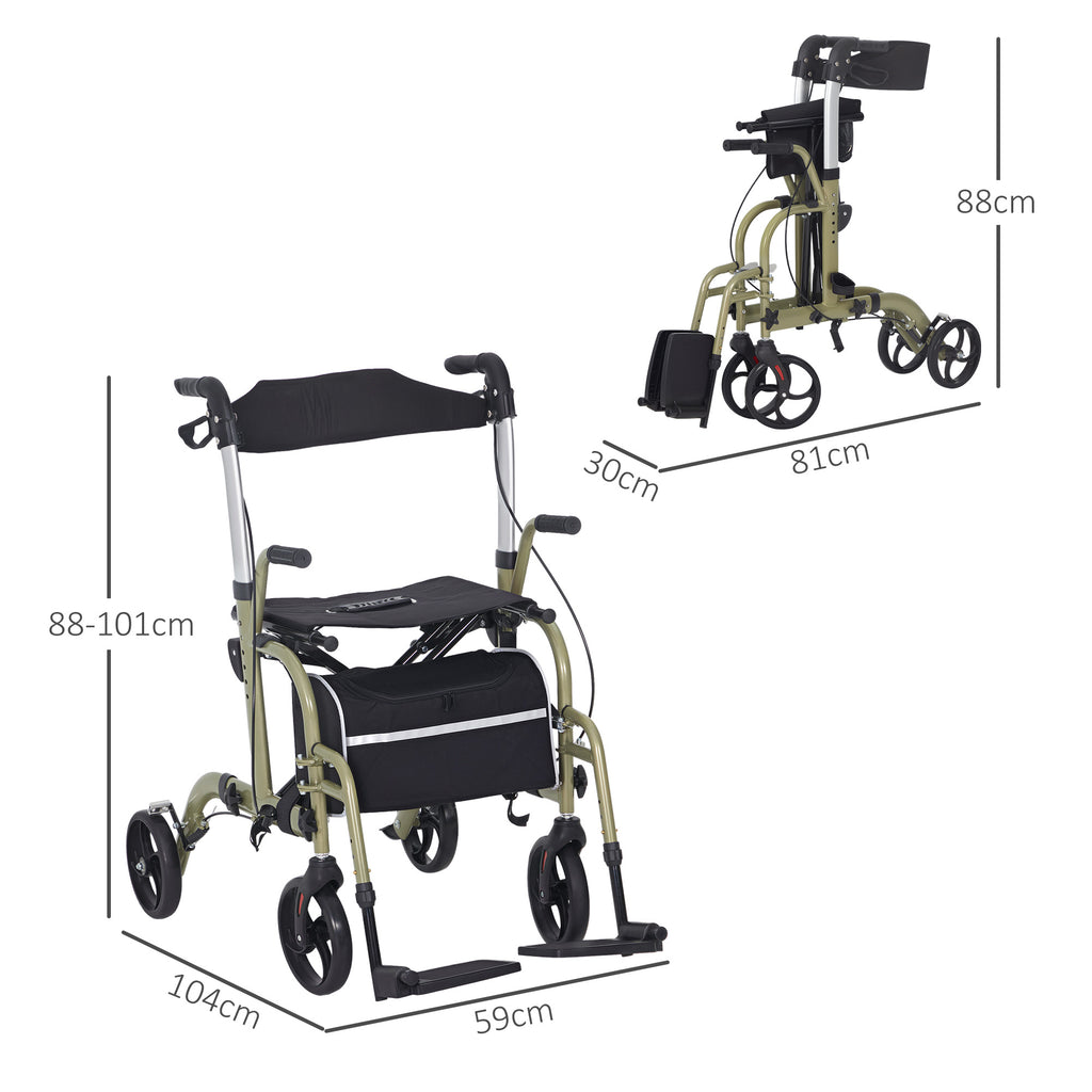 Folding Walker with Footrest and Bag, in Aluminum, PP and Polyester, 59x104x88-101 cm, Yellow and GreenFolding Walker with Footrest and Bag, in Aluminum, PP and Polyester, 59x104x88-101 cm, Yellow and Green