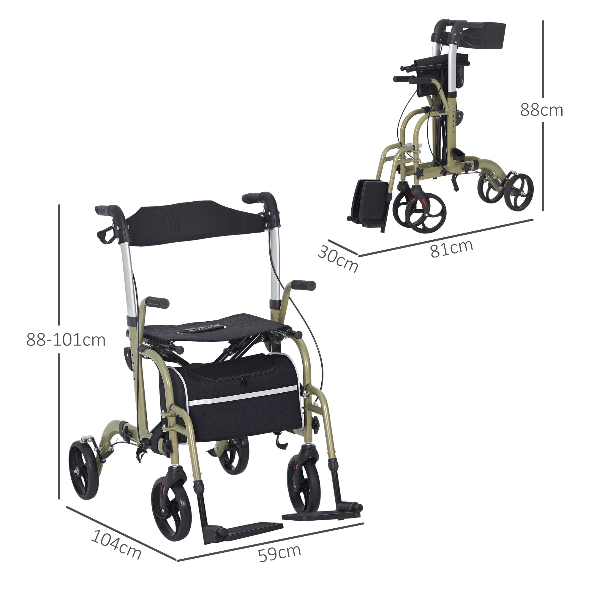 Folding Walker with Footrest and Bag, in Aluminum, PP and Polyester, 59x104x88-101 cm, Yellow and GreenFolding Walker with Footrest and Bag, in Aluminum, PP and Polyester, 59x104x88-101 cm, Yellow and Green