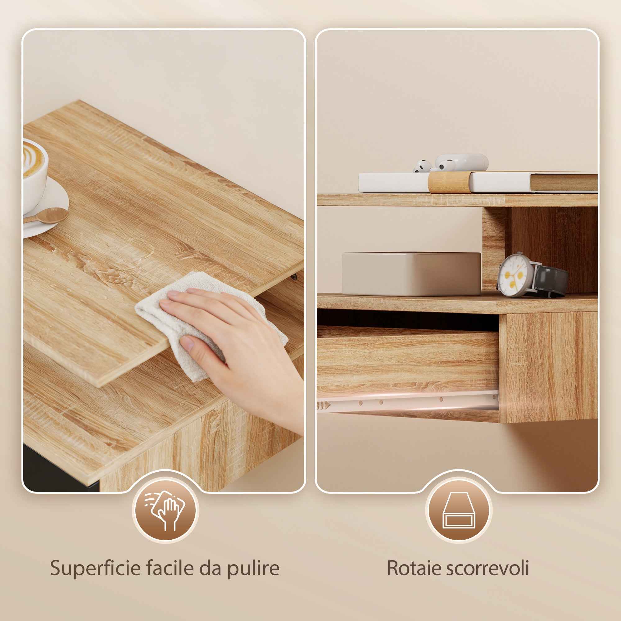 HOMCOM Set of 2 Floating Bedside Tables with Drawer and Open Shelf, 35x32x22.5 cm, Black and Oak